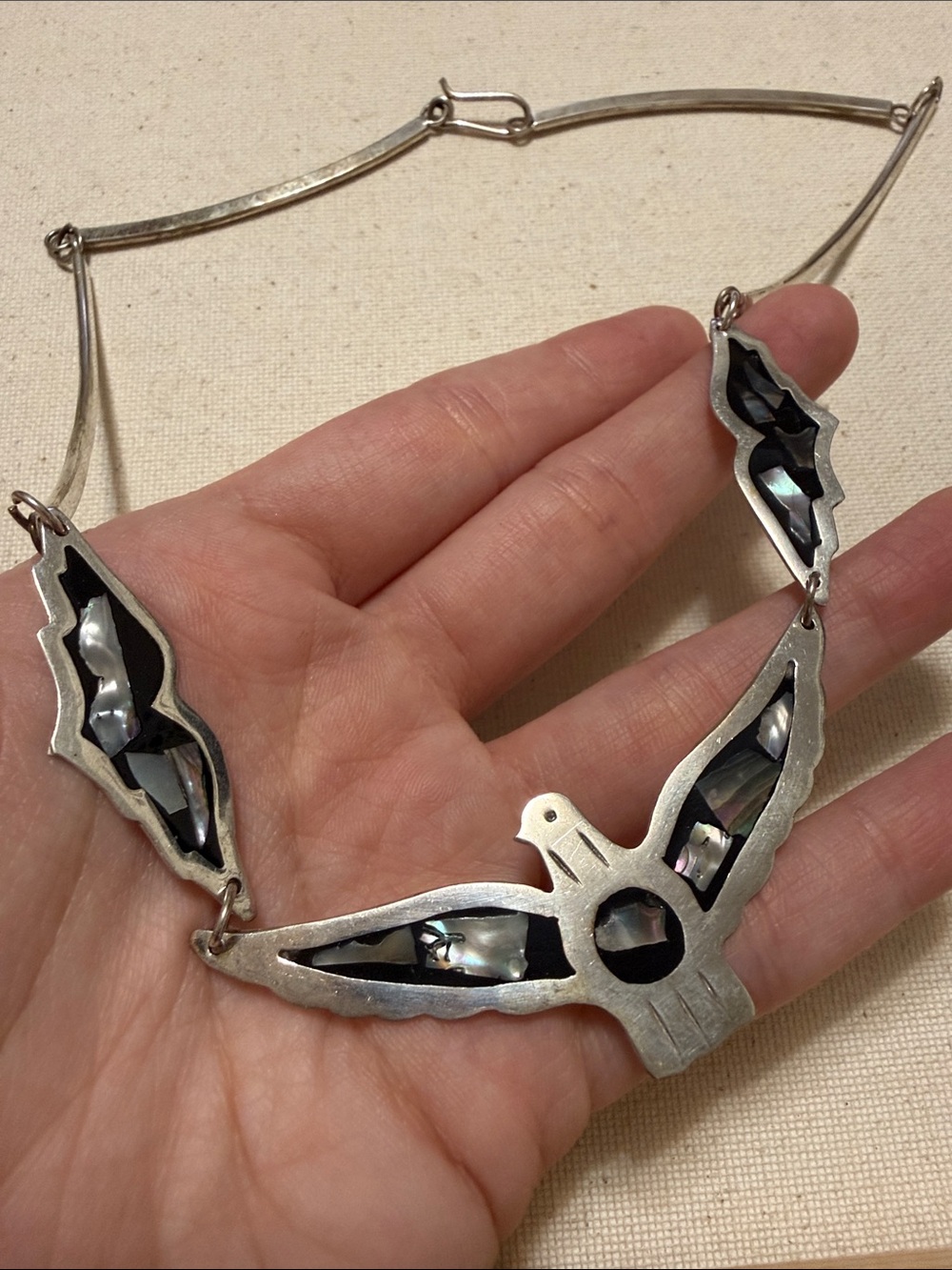 Alpaca Mexico Bird Inlay Necklace with Black Iridescent Shell